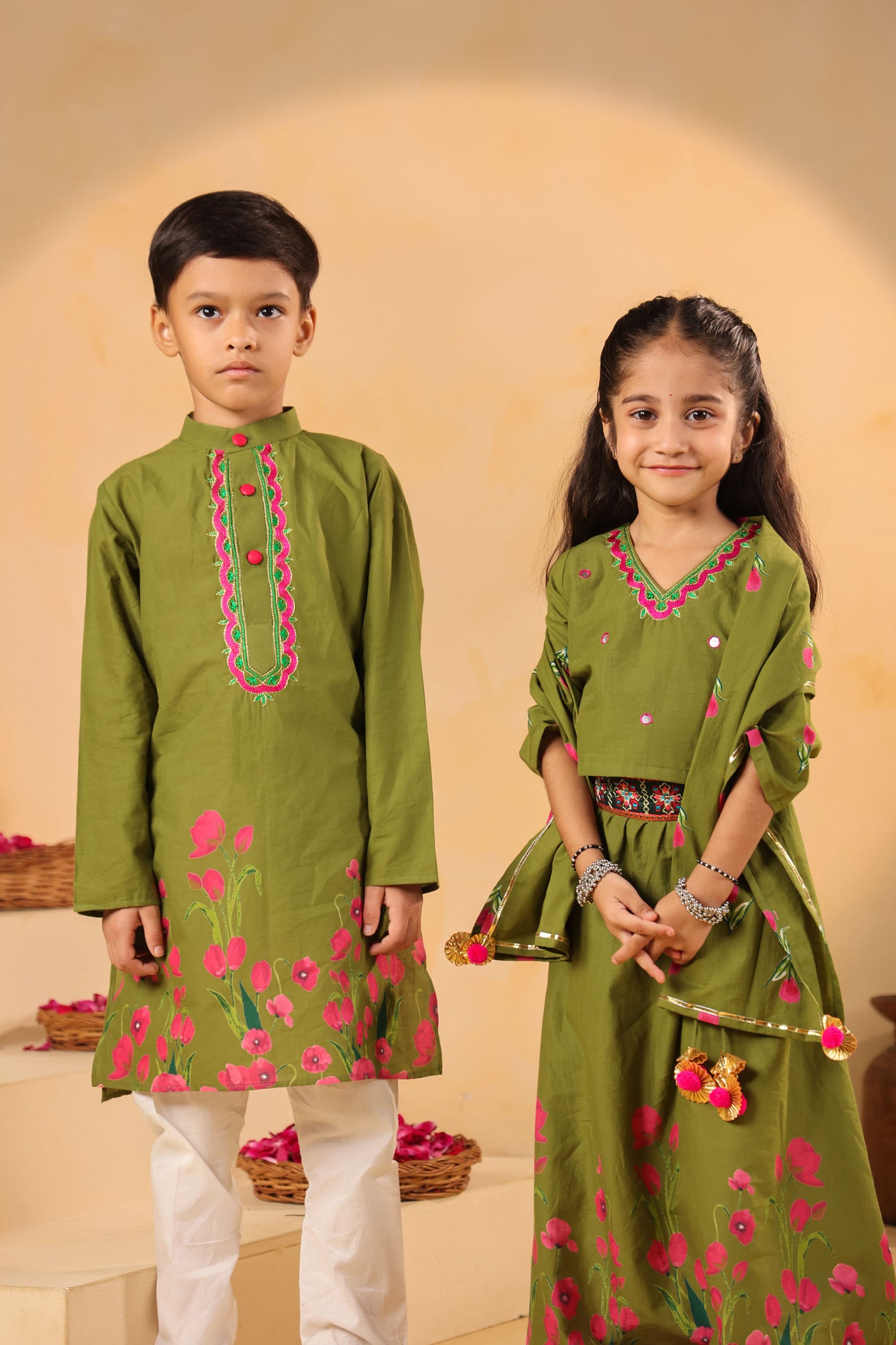GIRL GULABO FLORAL EMBROIDERED SKIRT SET-MEHANDI GREEN