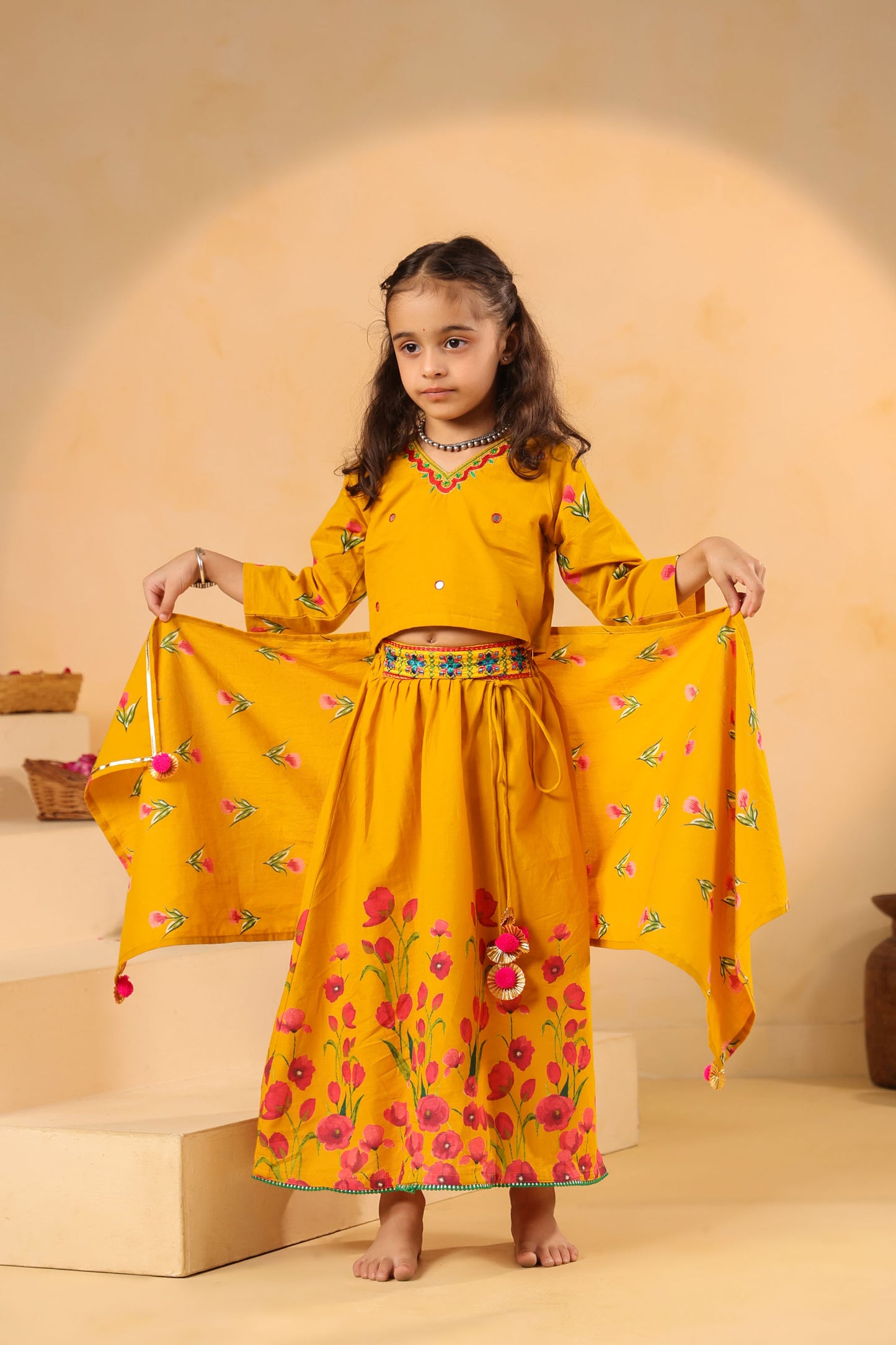 GIRL GULABO FLORAL EMBROIDERED SKIRT SET-MUSTARD YELLOW