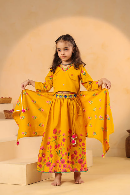 GIRL GULABO FLORAL EMBROIDERED SKIRT SET-MUSTARD YELLOW