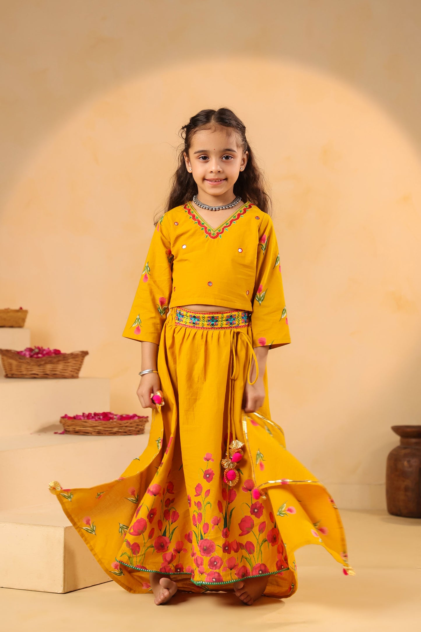 GIRL GULABO FLORAL EMBROIDERED SKIRT SET-MUSTARD YELLOW