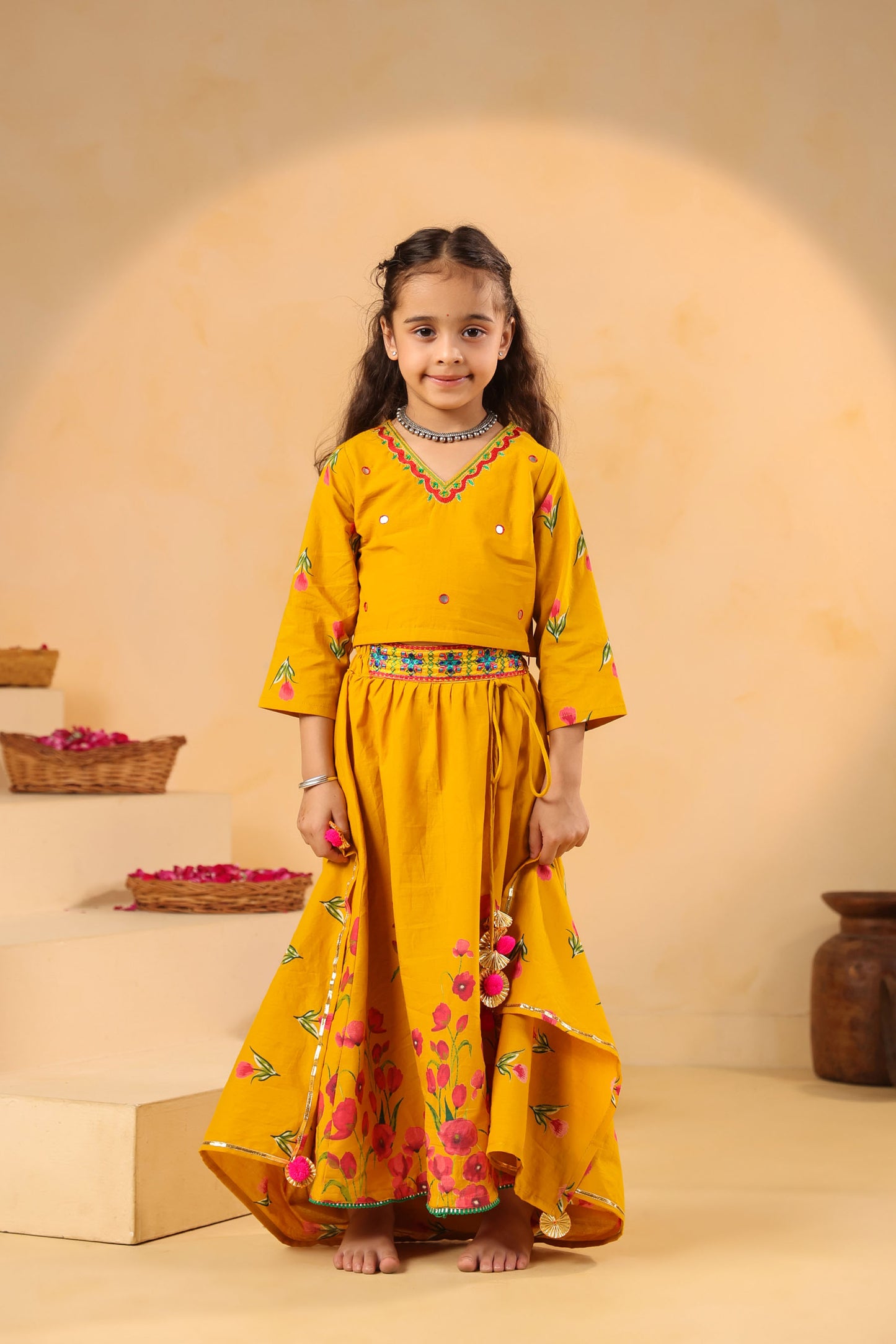 GIRL GULABO FLORAL EMBROIDERED SKIRT SET-MUSTARD YELLOW