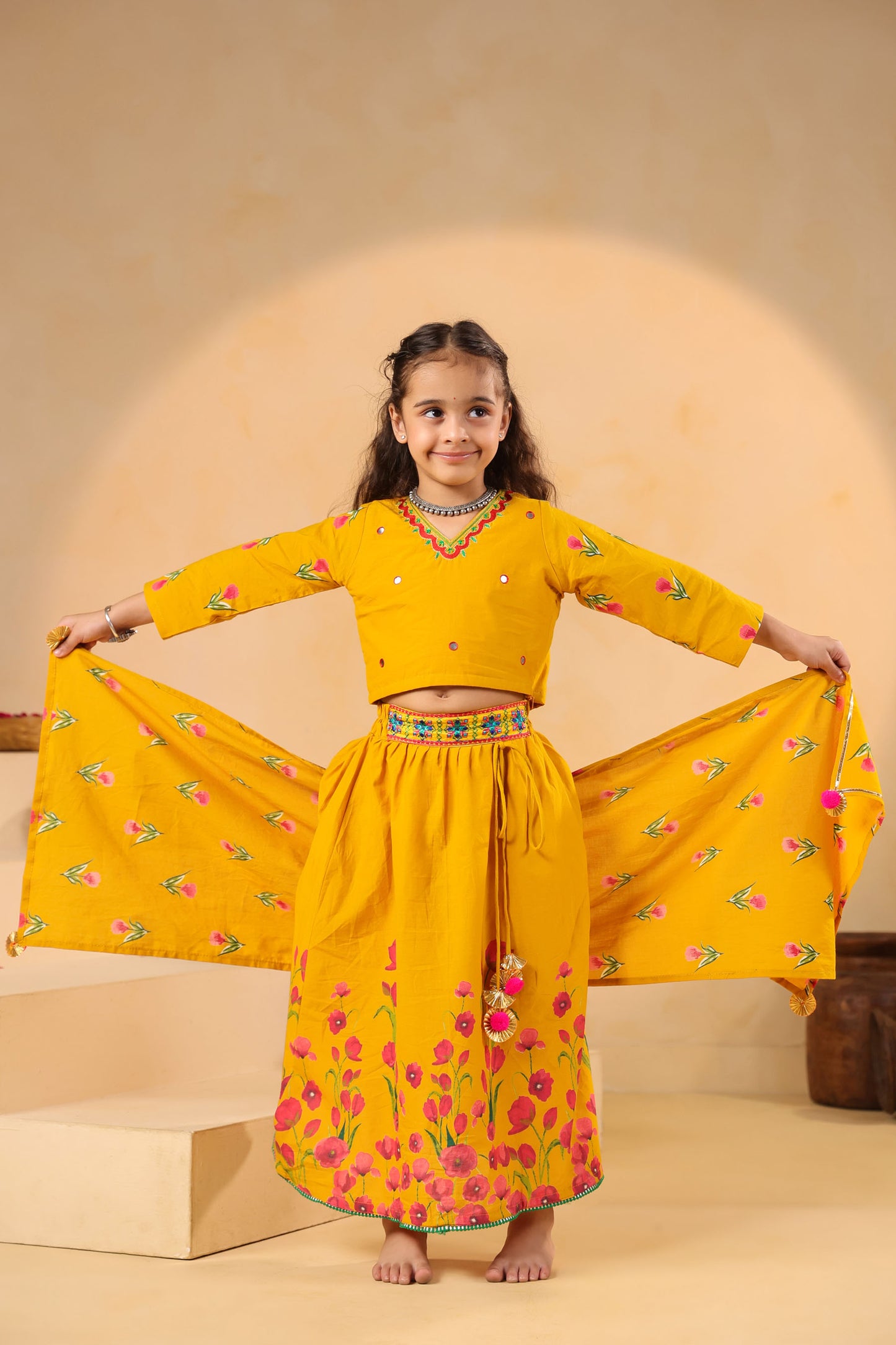 GIRL GULABO FLORAL EMBROIDERED SKIRT SET-MUSTARD YELLOW