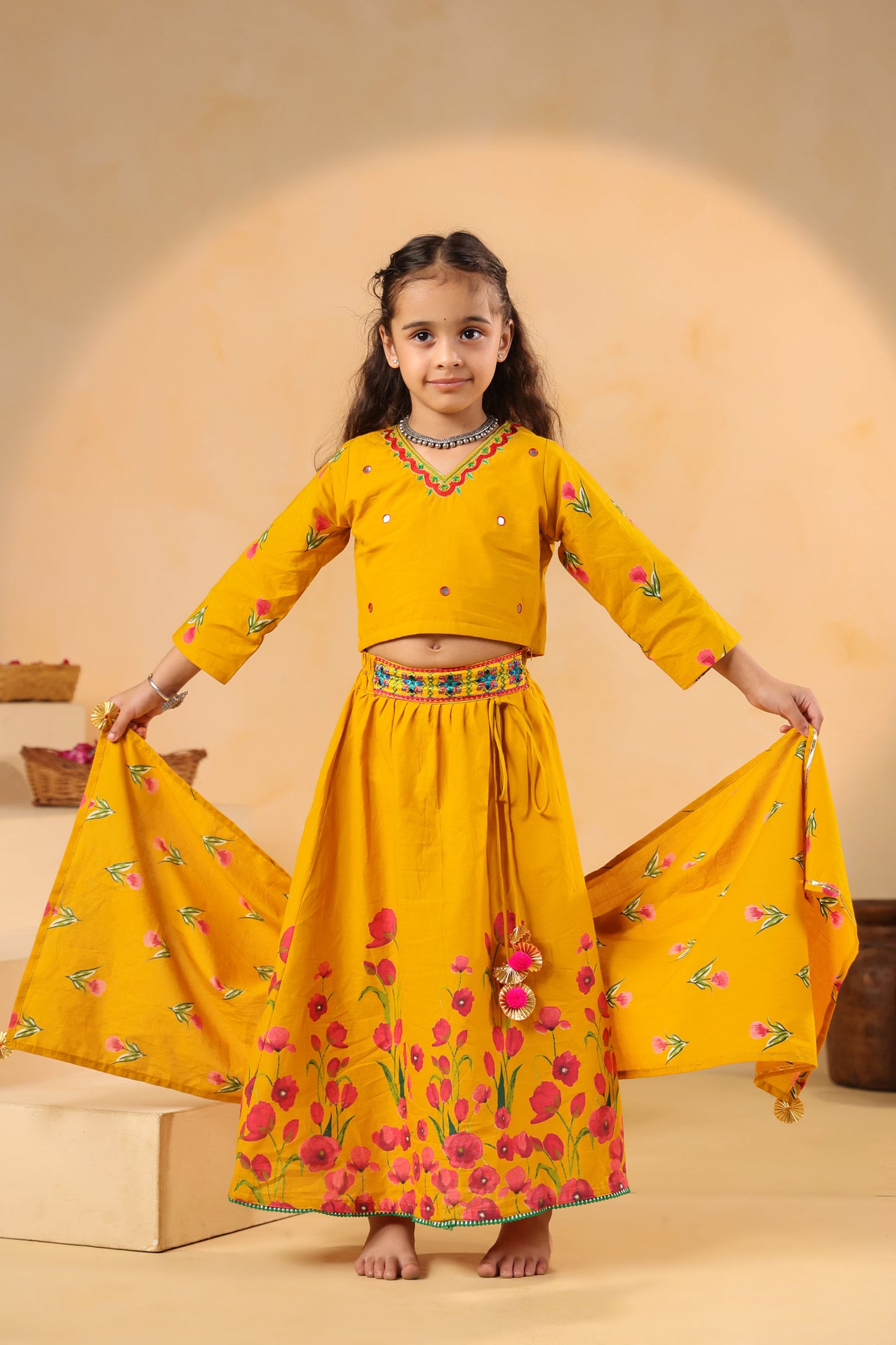 GIRL GULABO FLORAL EMBROIDERED SKIRT SET-MUSTARD YELLOW