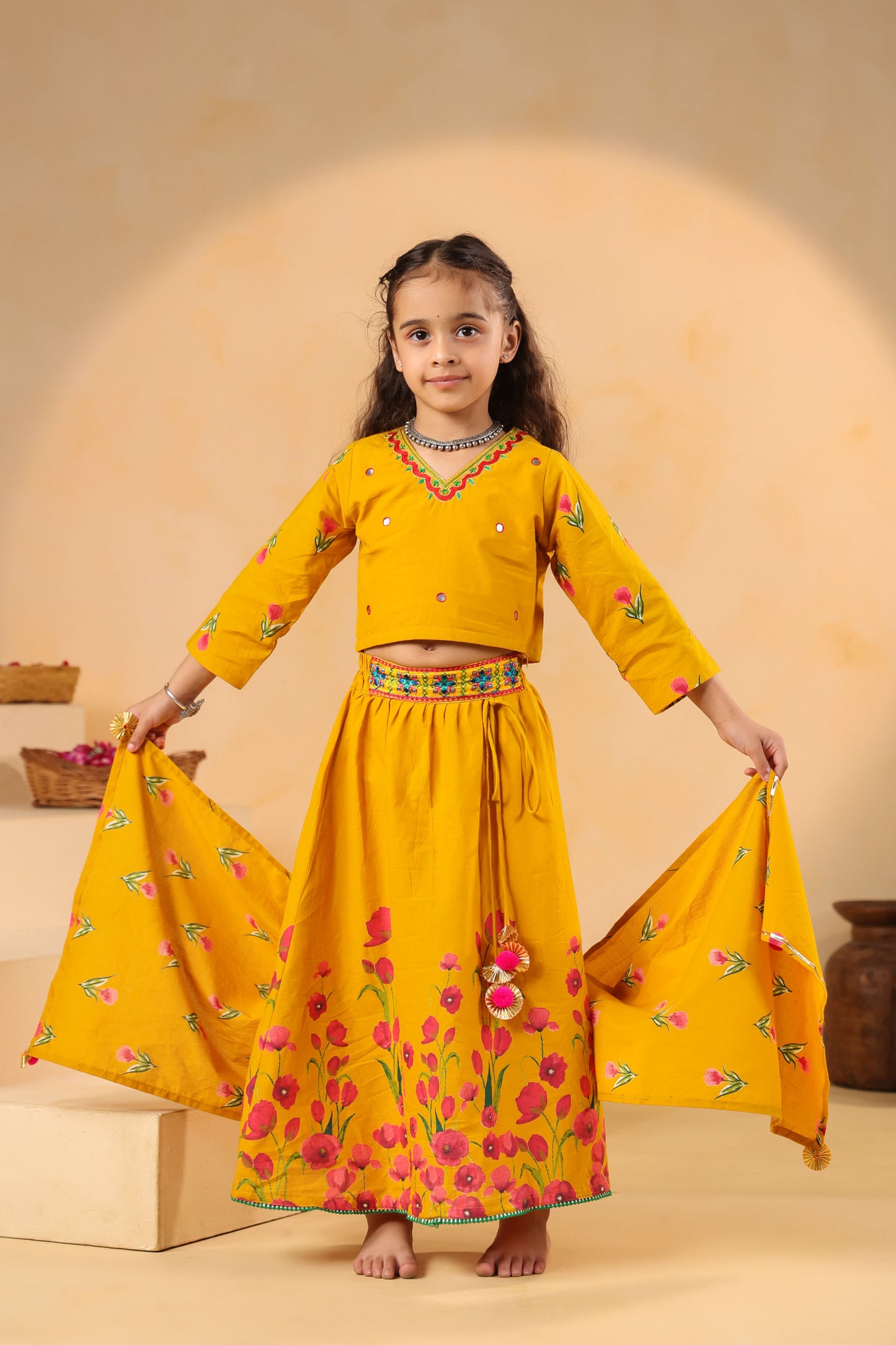 GIRL GULABO FLORAL EMBROIDERED SKIRT SET-MUSTARD YELLOW
