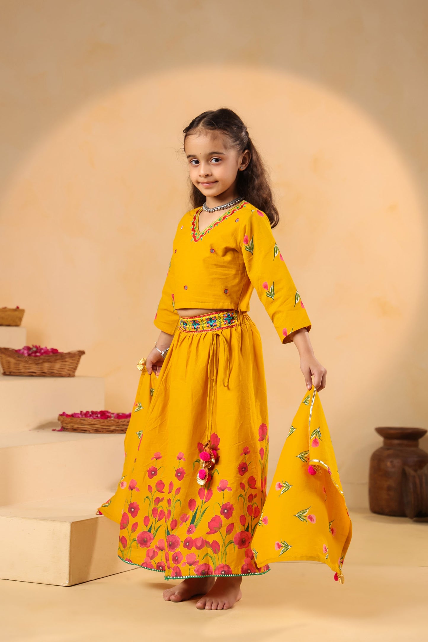 GIRL GULABO FLORAL EMBROIDERED SKIRT SET-MUSTARD YELLOW