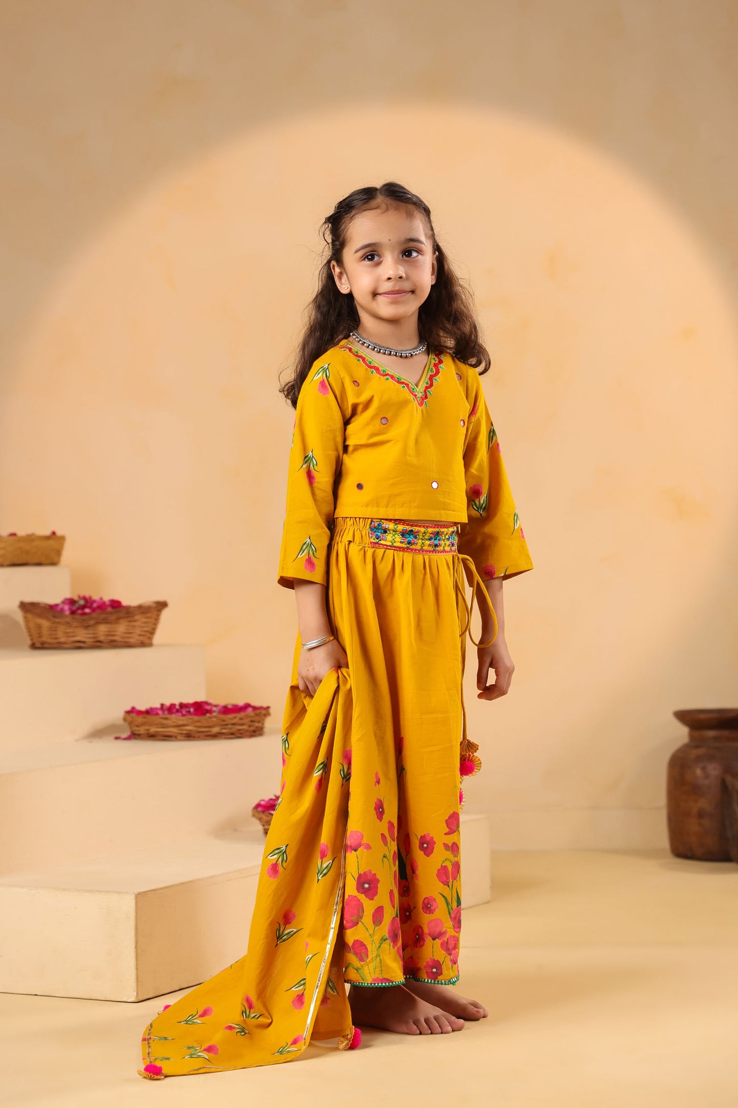 GIRL GULABO FLORAL EMBROIDERED SKIRT SET-MUSTARD YELLOW