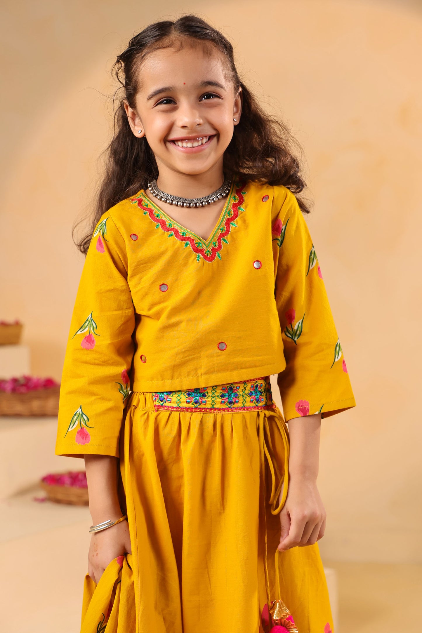 GIRL GULABO FLORAL EMBROIDERED SKIRT SET-MUSTARD YELLOW