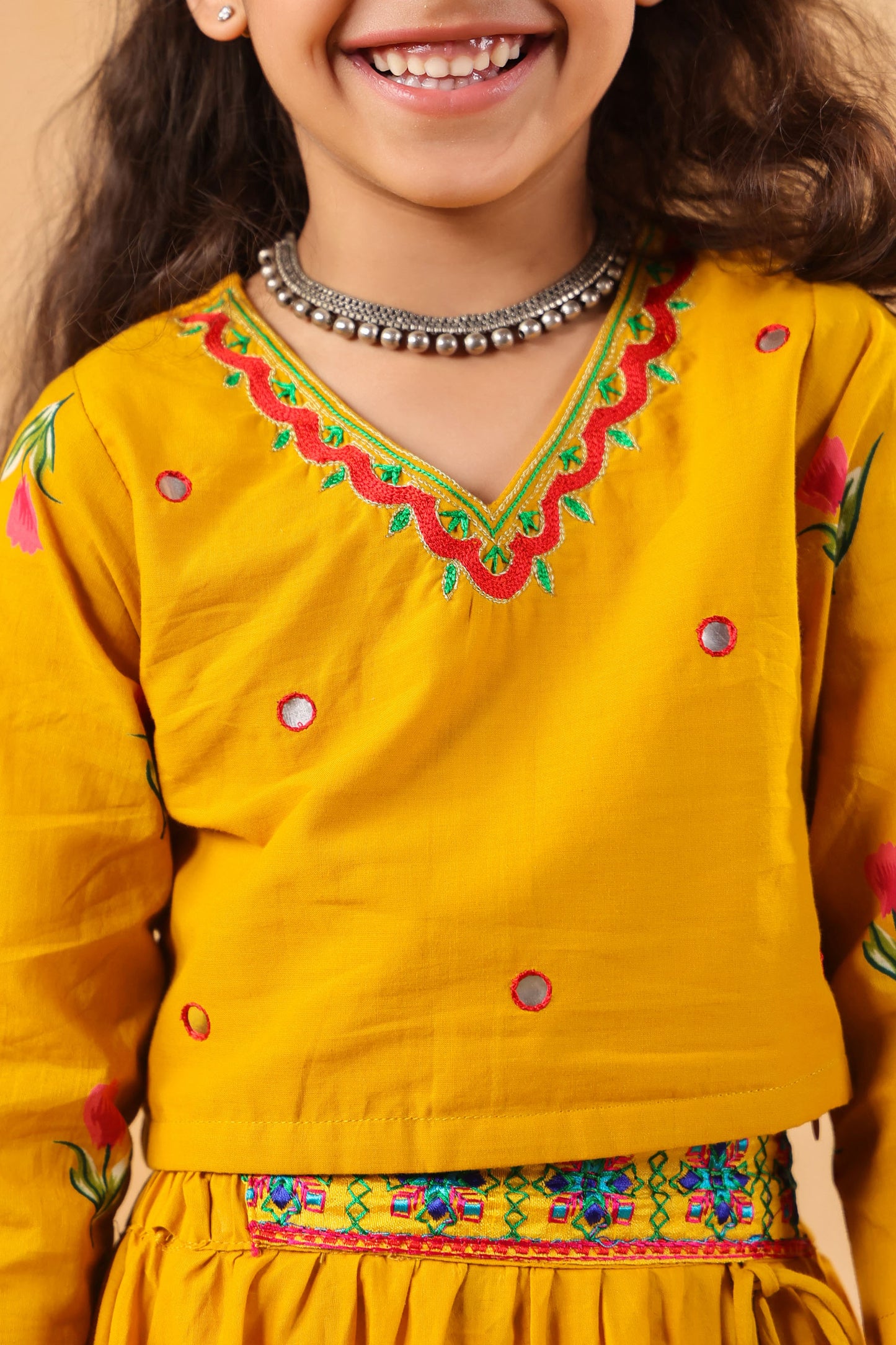 GIRL GULABO FLORAL EMBROIDERED SKIRT SET-MUSTARD YELLOW