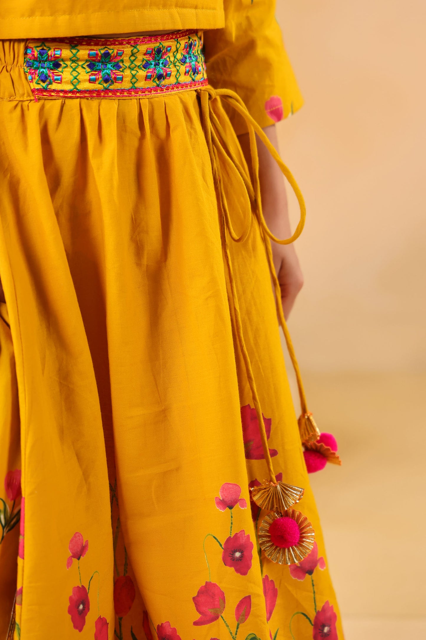GIRL GULABO FLORAL EMBROIDERED SKIRT SET-MUSTARD YELLOW