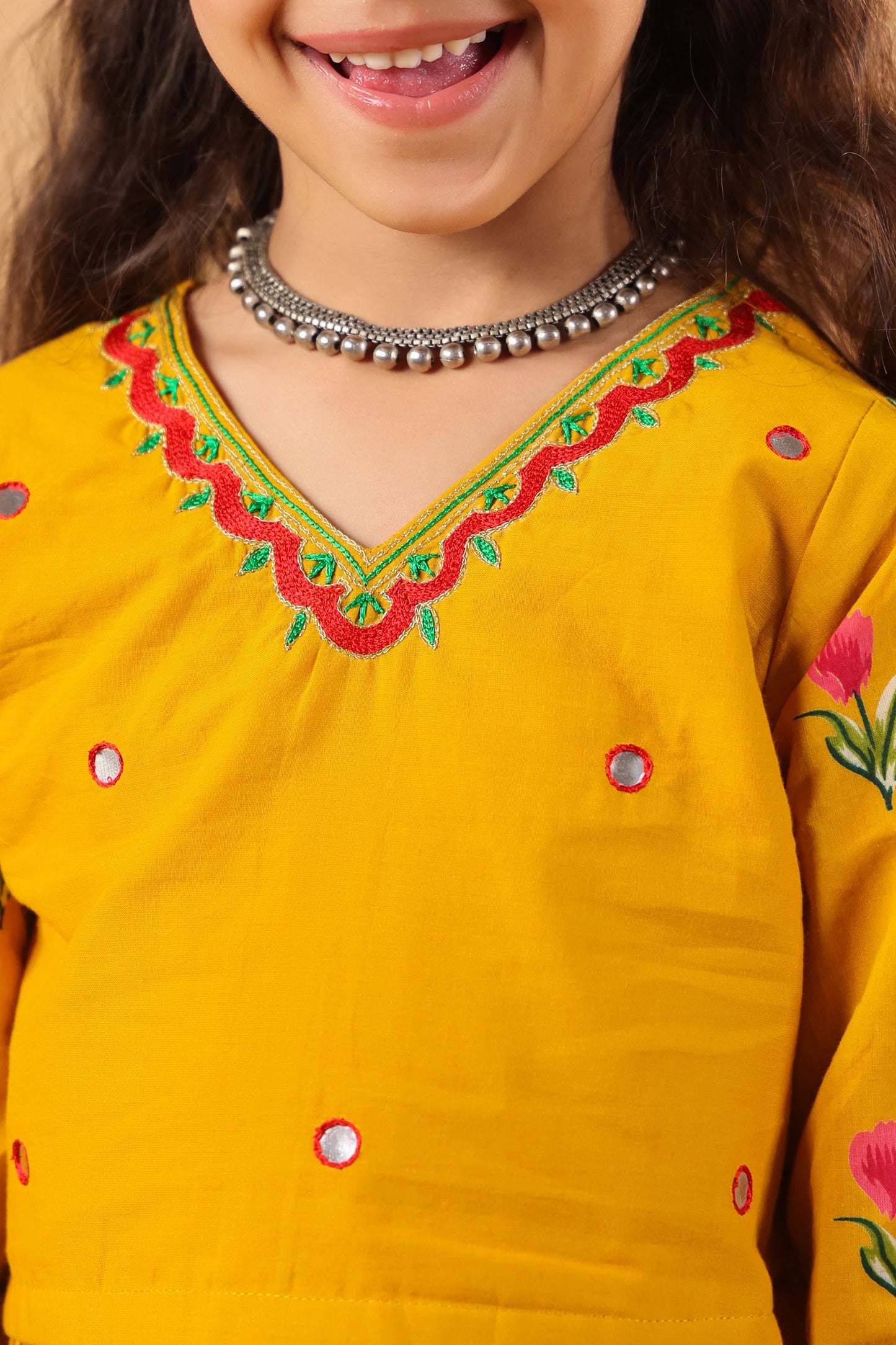 GIRL GULABO FLORAL EMBROIDERED SKIRT SET-MUSTARD YELLOW