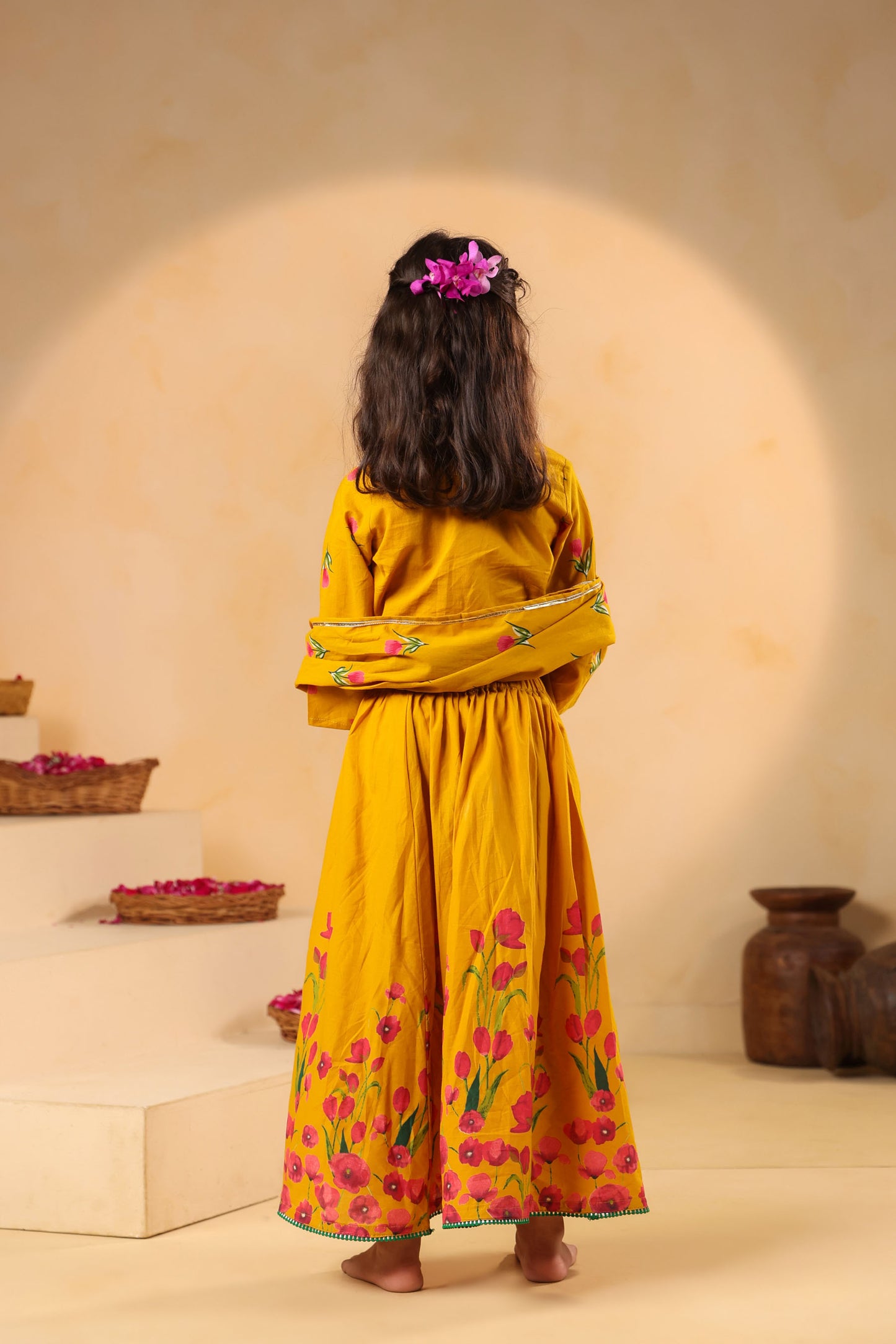 GIRL GULABO FLORAL EMBROIDERED SKIRT SET-MUSTARD YELLOW
