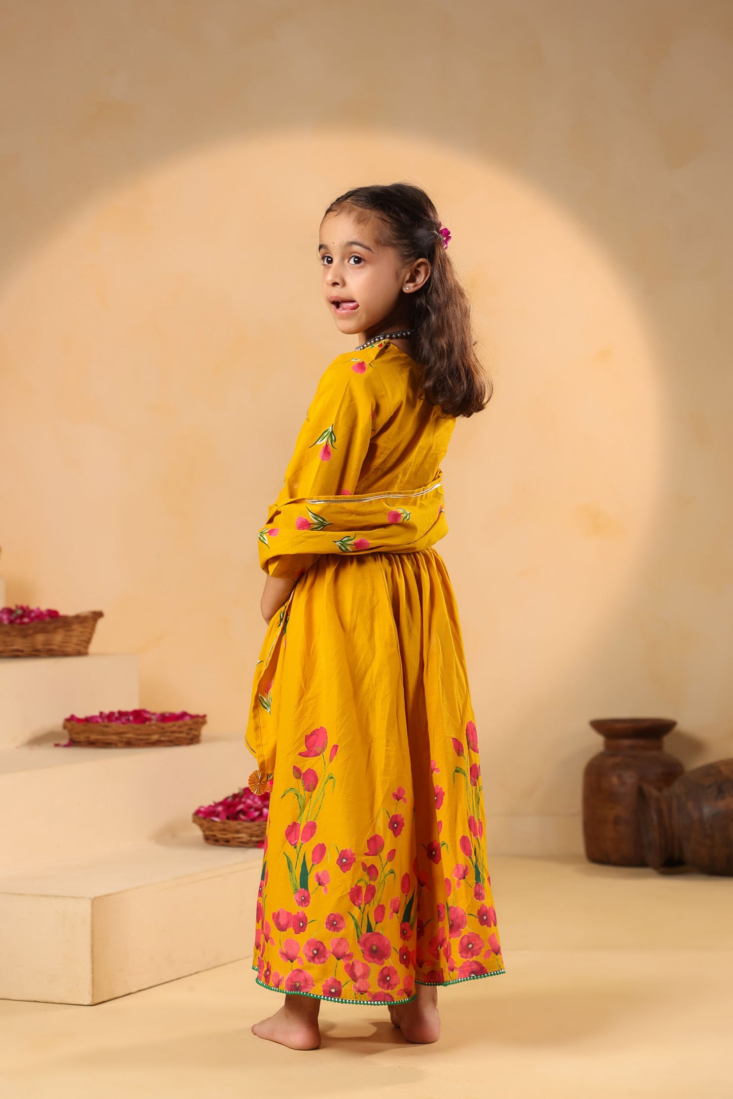 GIRL GULABO FLORAL EMBROIDERED SKIRT SET-MUSTARD YELLOW