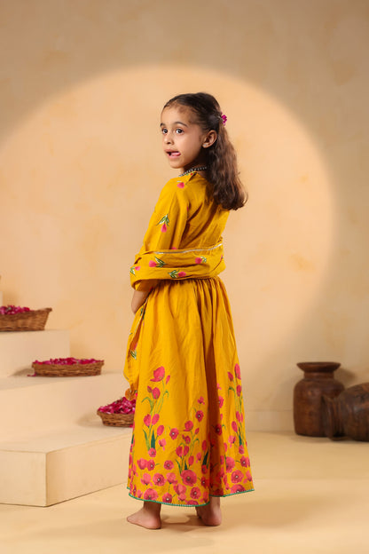 GIRL GULABO FLORAL EMBROIDERED SKIRT SET-MUSTARD YELLOW