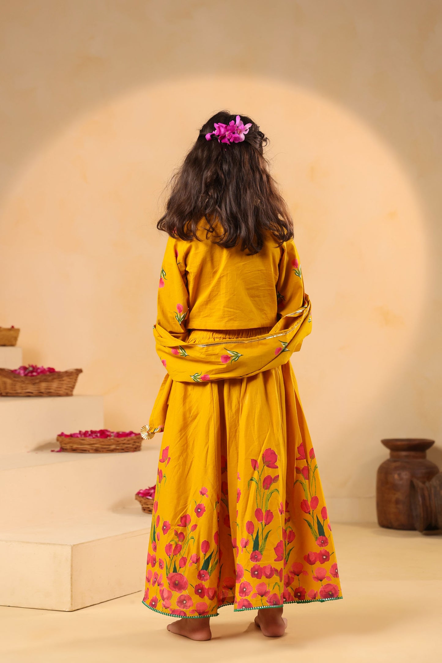 GIRL GULABO FLORAL EMBROIDERED SKIRT SET-MUSTARD YELLOW