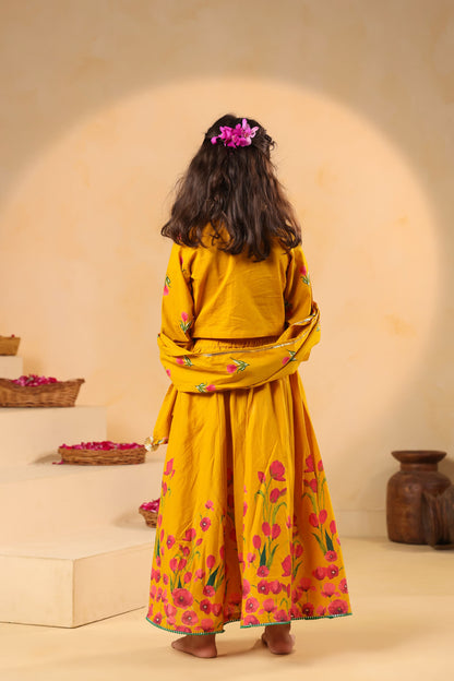 GIRL GULABO FLORAL EMBROIDERED SKIRT SET-MUSTARD YELLOW