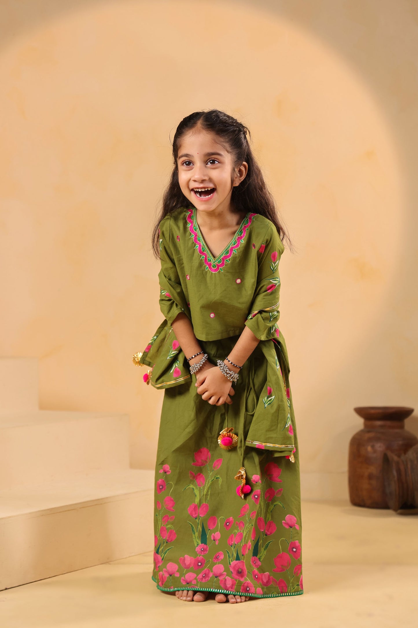 GIRL GULABO FLORAL EMBROIDERED SKIRT SET-MEHANDI GREEN