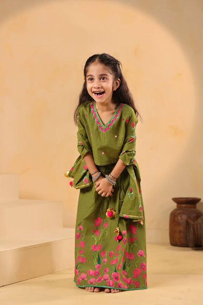 GIRL GULABO FLORAL EMBROIDERED SKIRT SET-MEHANDI GREEN