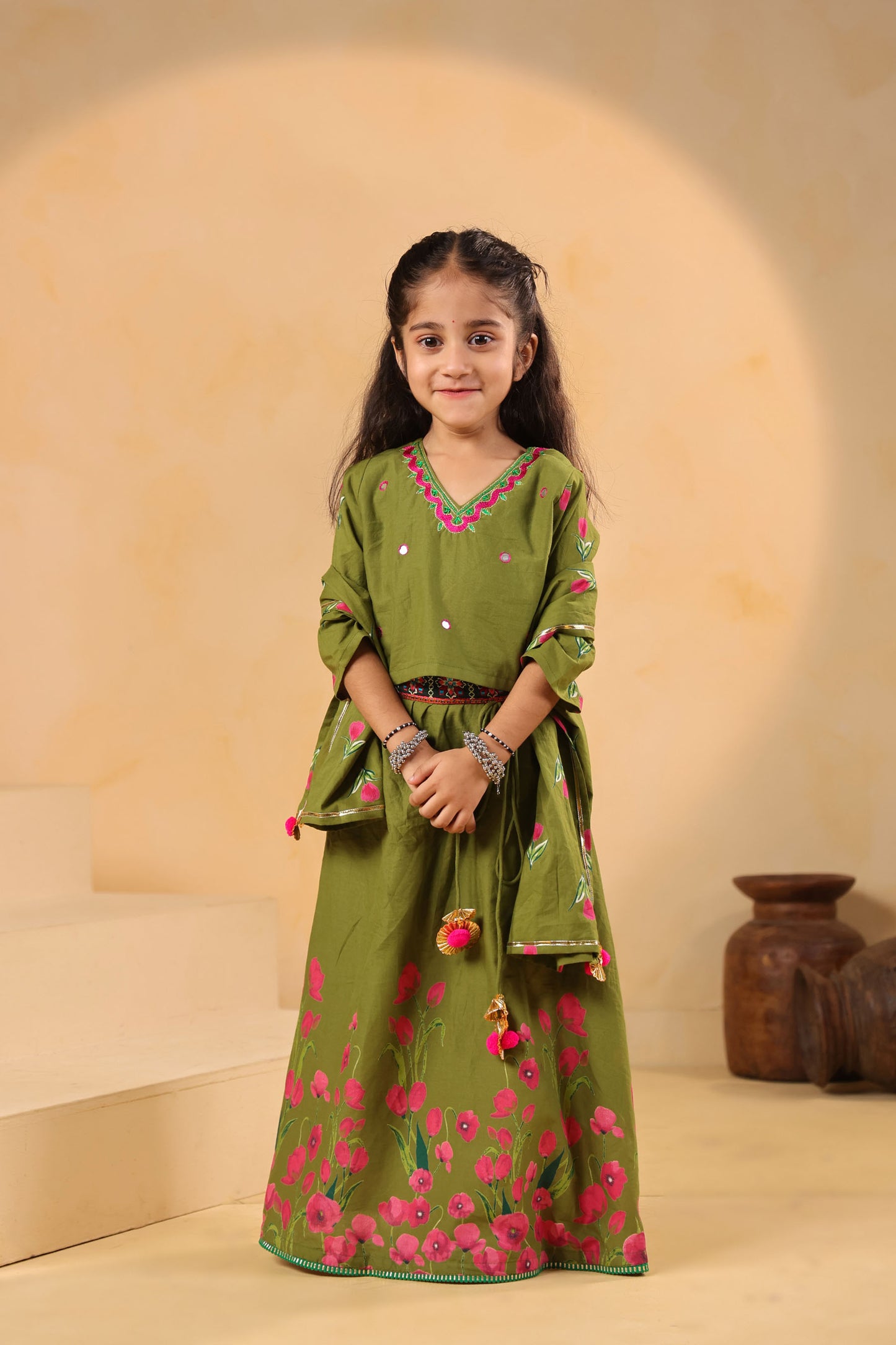 GIRL GULABO FLORAL EMBROIDERED SKIRT SET-MEHANDI GREEN