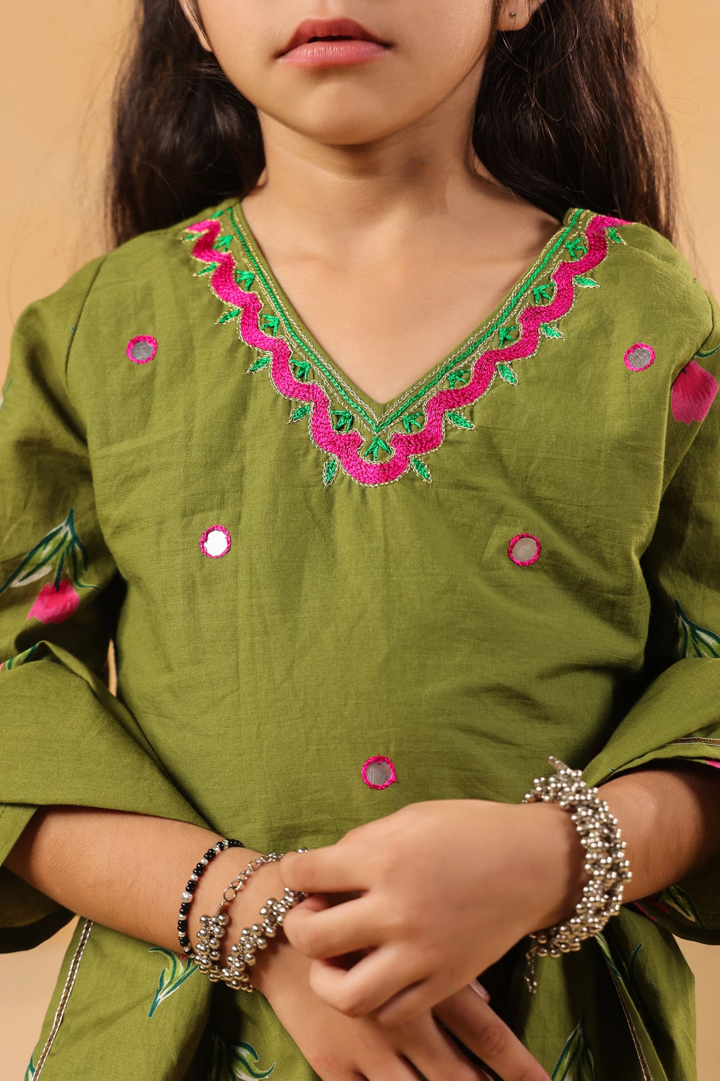 GIRL GULABO FLORAL EMBROIDERED SKIRT SET-MEHANDI GREEN
