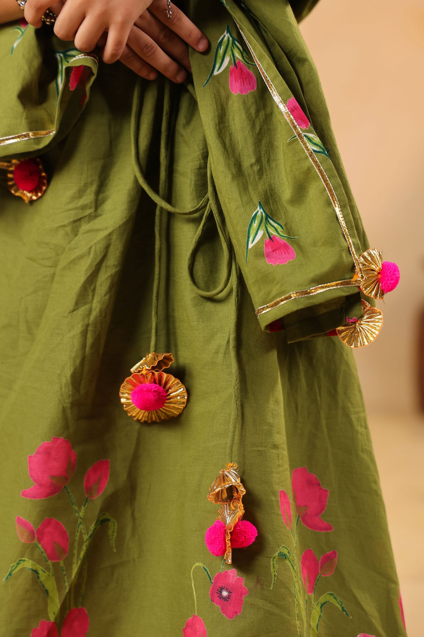 GIRL GULABO FLORAL EMBROIDERED SKIRT SET-MEHANDI GREEN