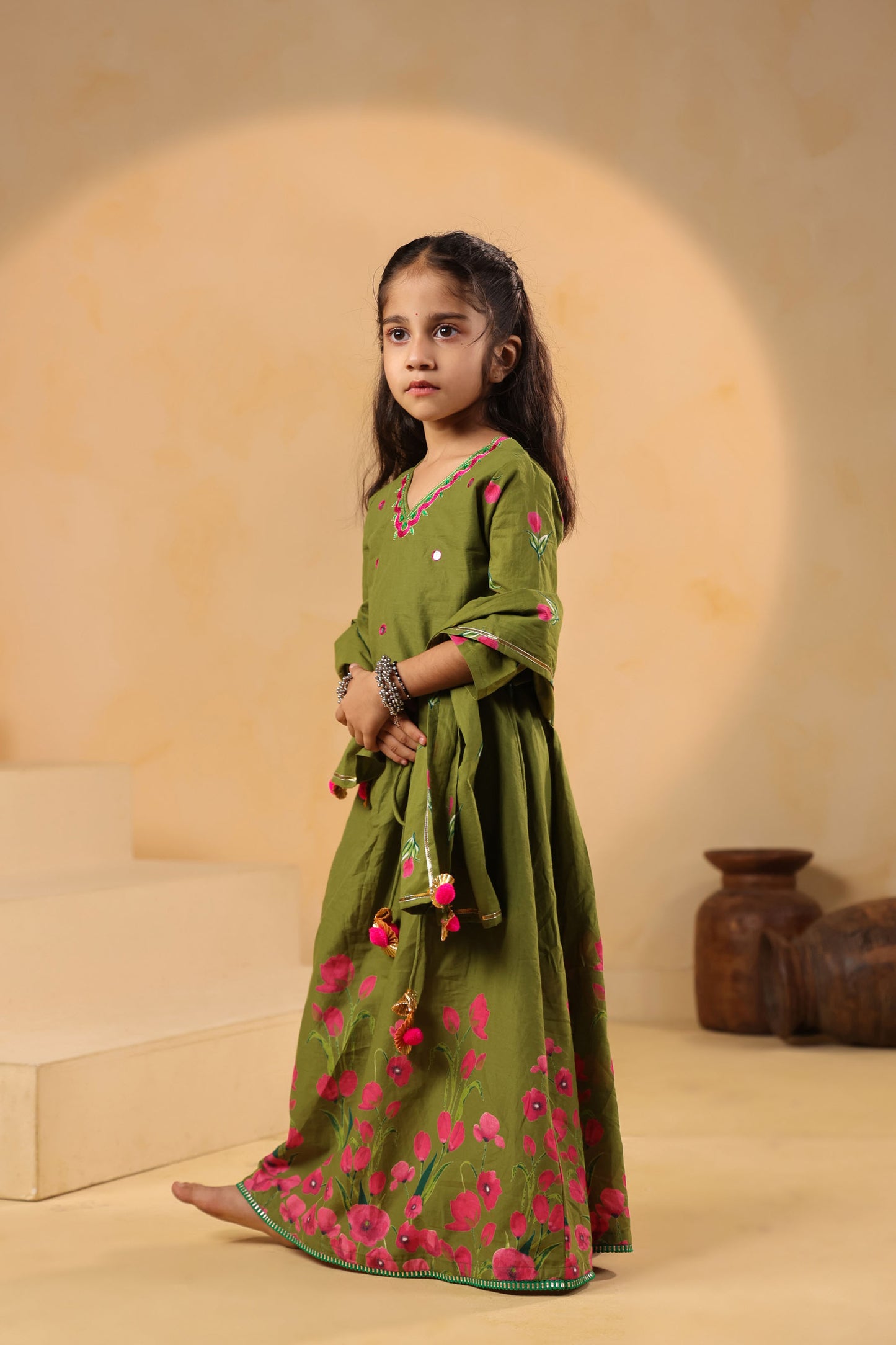 GIRL GULABO FLORAL EMBROIDERED SKIRT SET-MEHANDI GREEN