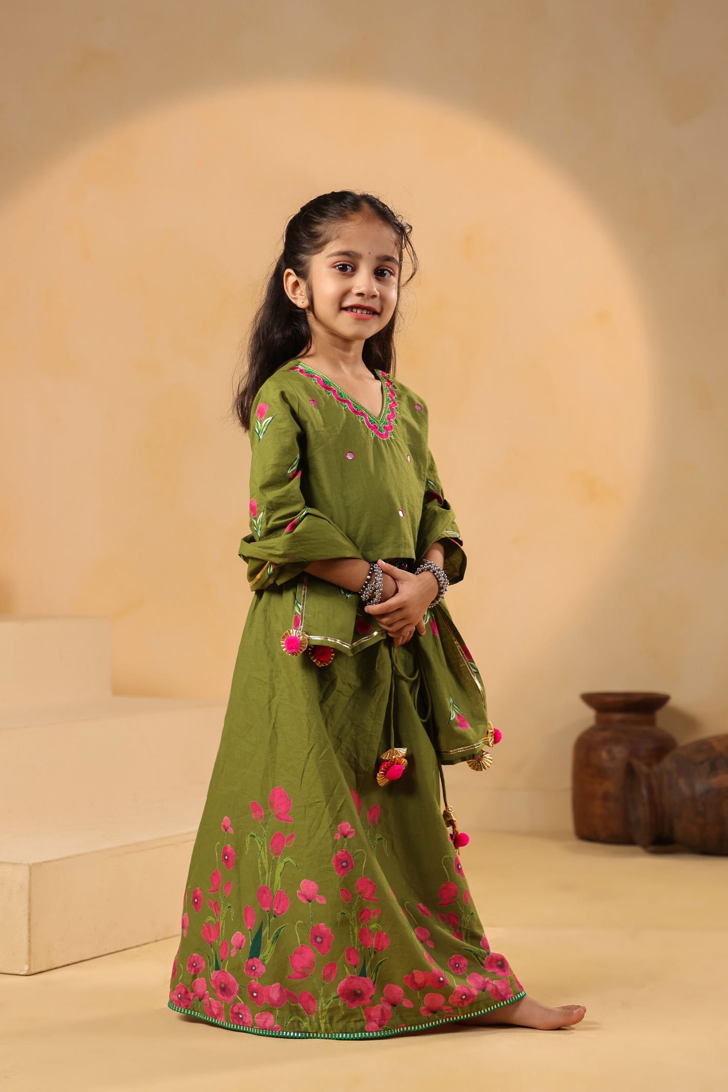 GIRL GULABO FLORAL EMBROIDERED SKIRT SET-MEHANDI GREEN