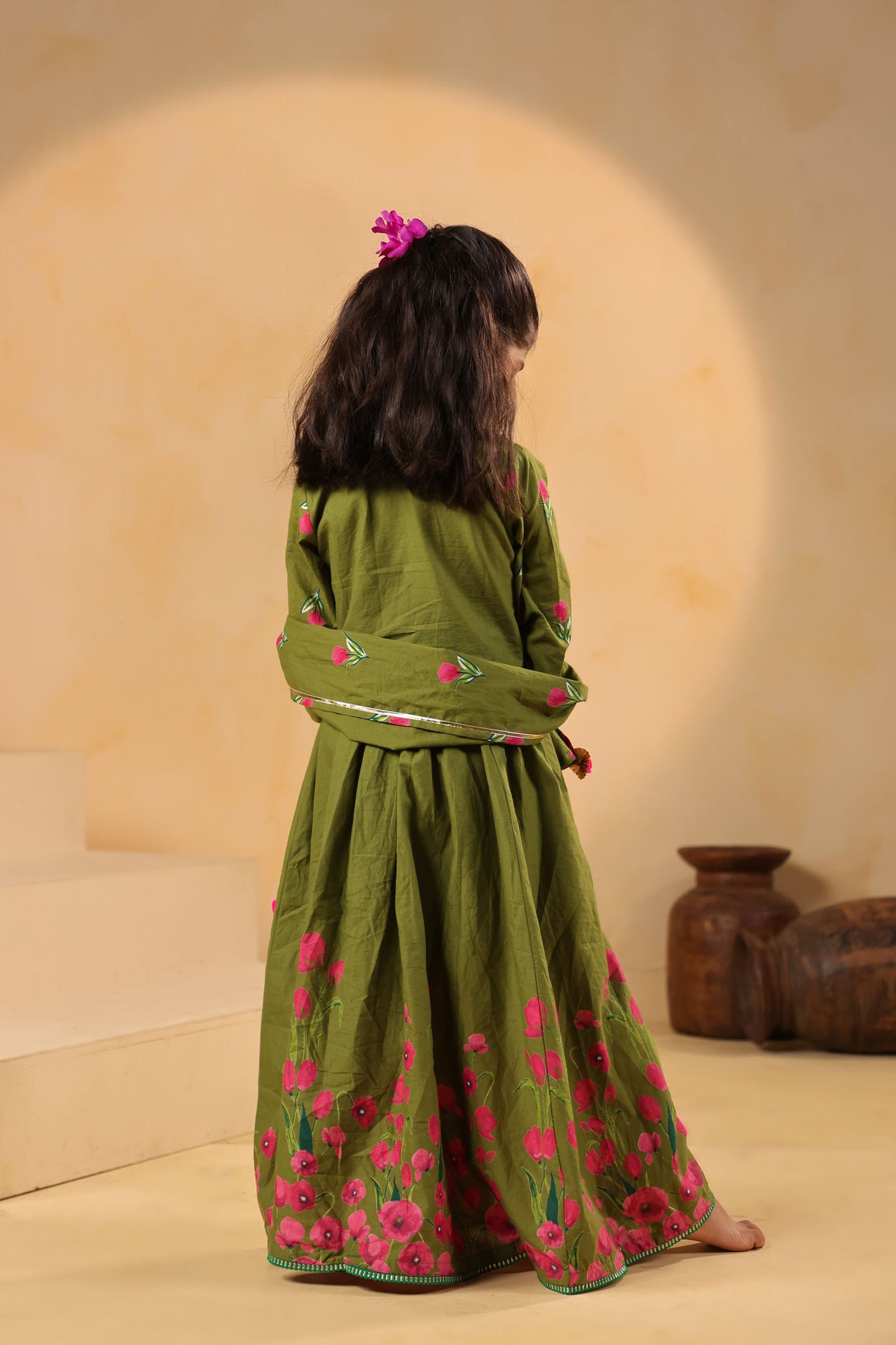 GIRL GULABO FLORAL EMBROIDERED SKIRT SET-MEHANDI GREEN