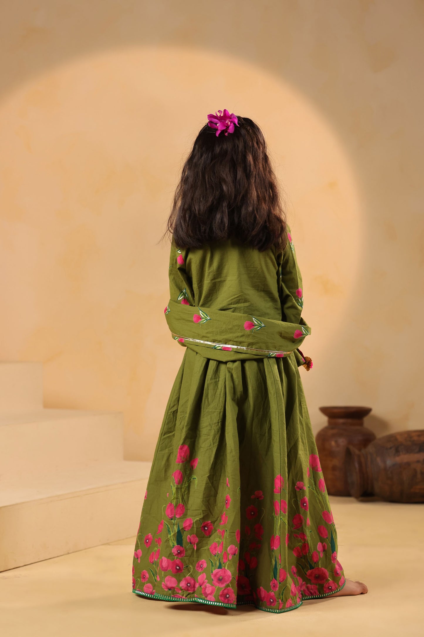GIRL GULABO FLORAL EMBROIDERED SKIRT SET-MEHANDI GREEN