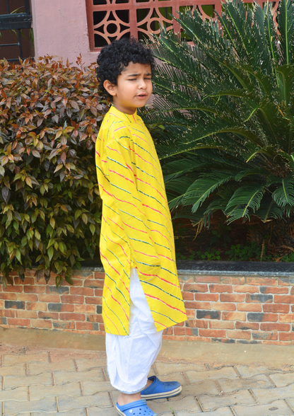 Boys Cotton Full Sleeves Leheriya Kurta Dhoti Set With Gotapatti Work