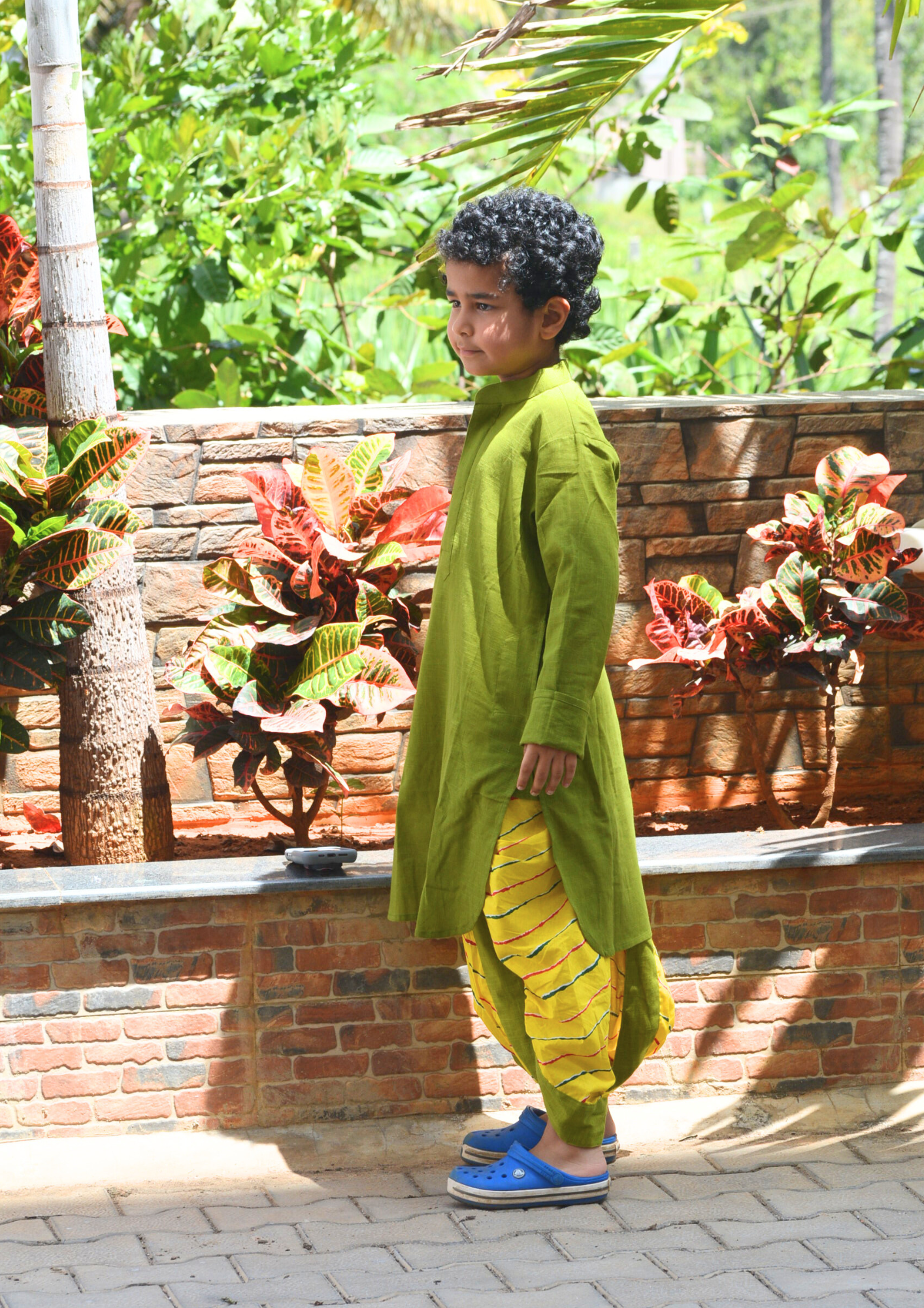 Boys Cotton Full Selleves Kurta And Yellow Leheriya Dhoti Set