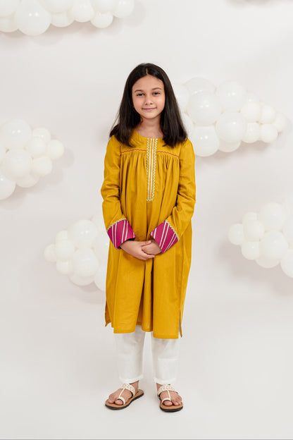 MUSTARD KURTA SET WITH PINK ACCENTS