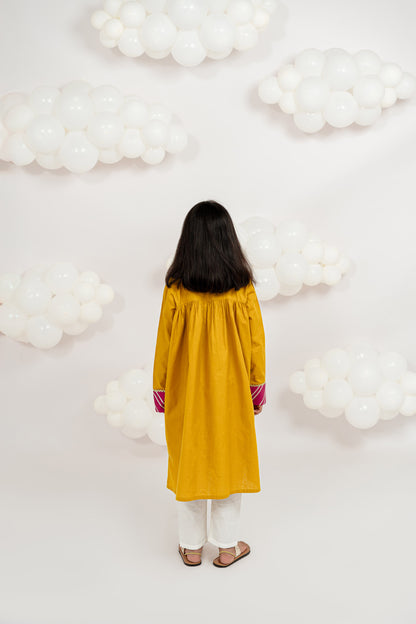 MUSTARD KURTA SET WITH PINK ACCENTS