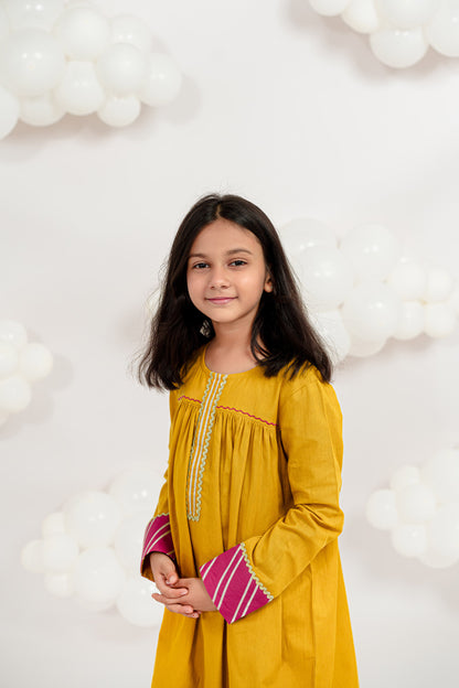 MUSTARD KURTA SET WITH PINK ACCENTS
