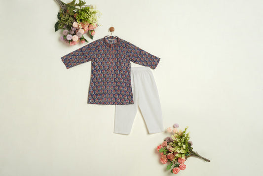 BLOCK PRINTED BLUE AND ORANGE KURTA SET
