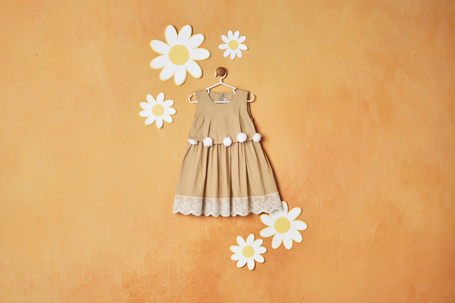 WHITE POM POM BEIGE DRESS