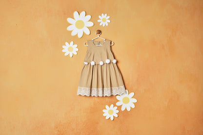 WHITE POM POM BEIGE DRESS
