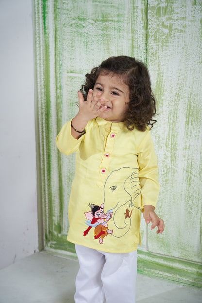 LEMON YELLOW GANPATI KURTA