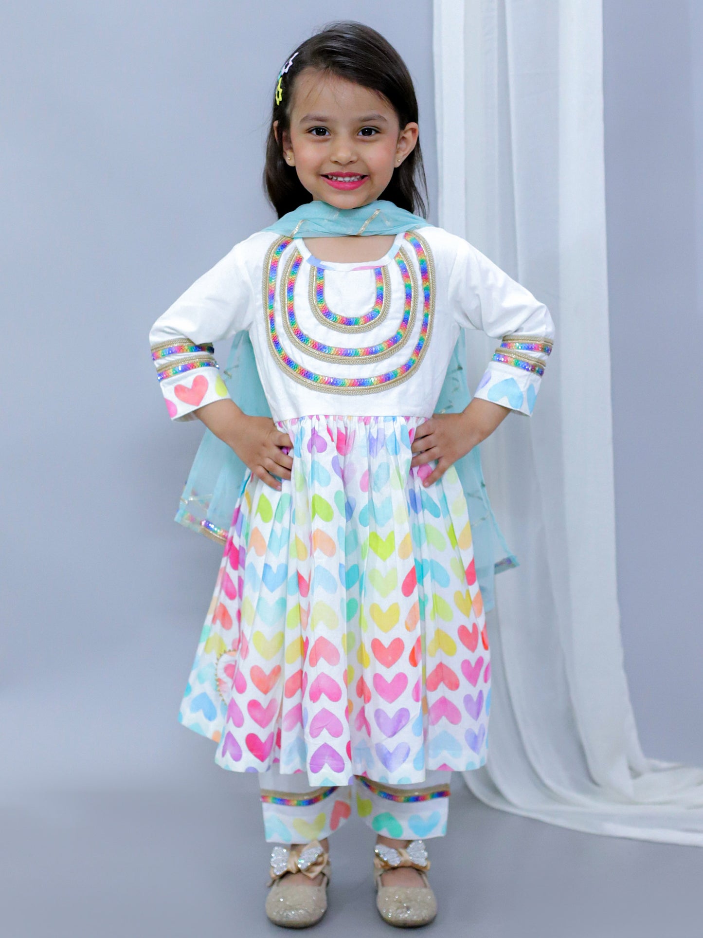 WHITE MULTICOLOR HEART PRINTS KURTA SET