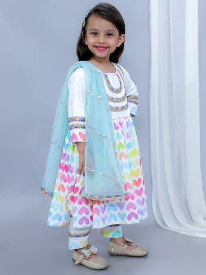 WHITE MULTICOLOR HEART PRINTS KURTA SET