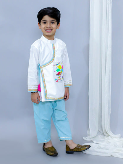 KIDS PLAYING HOLI PRINTED POCKET KURTA PYJAMA SET
