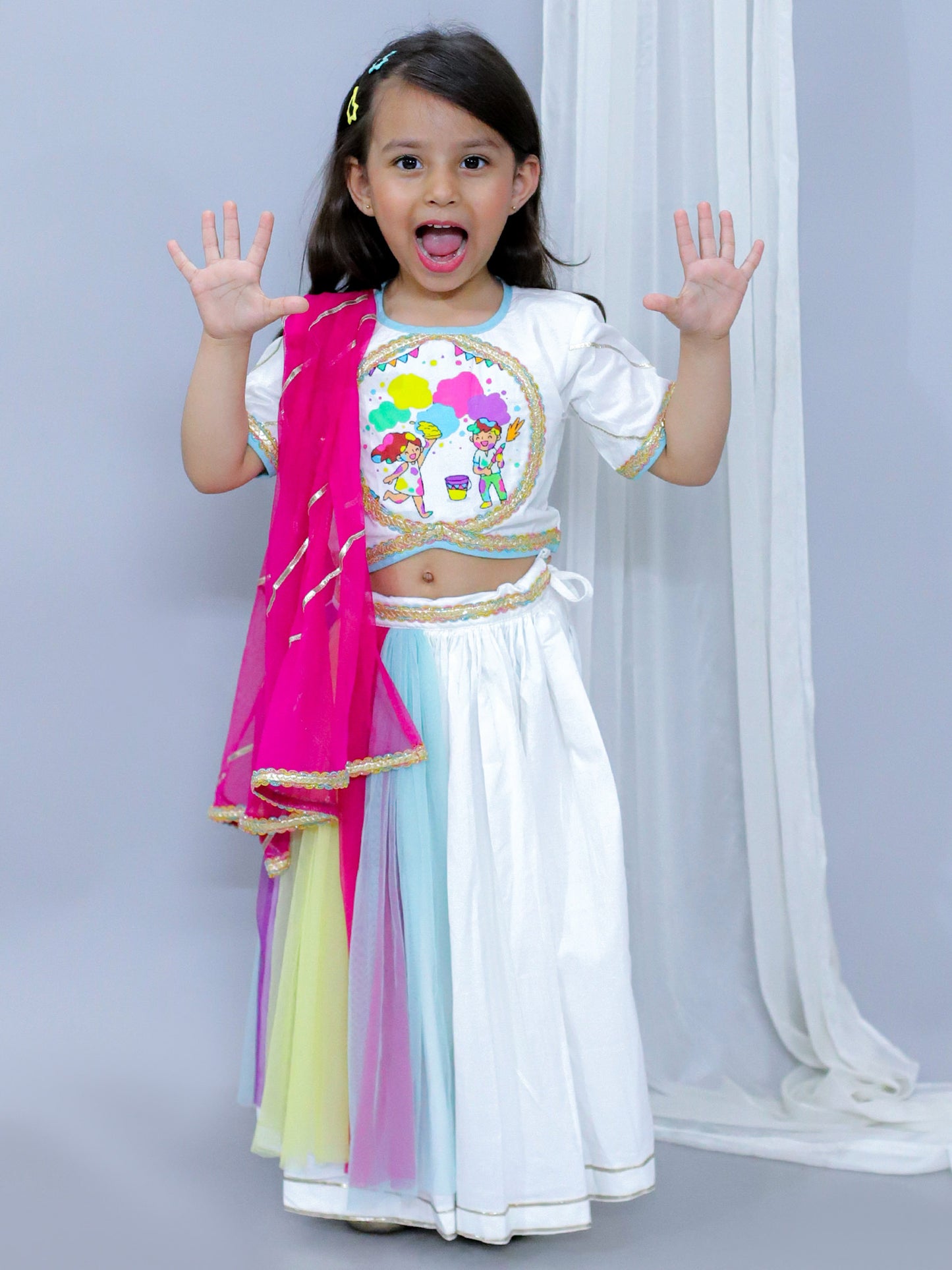 KIDS PLAYING HOLI PRINT WHITE HOLI LEHNGA SET