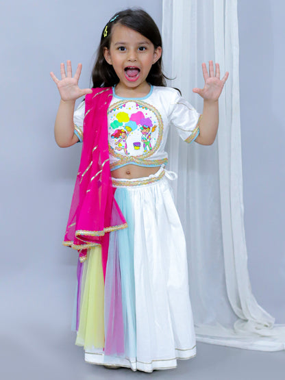 KIDS PLAYING HOLI PRINT WHITE HOLI LEHNGA SET