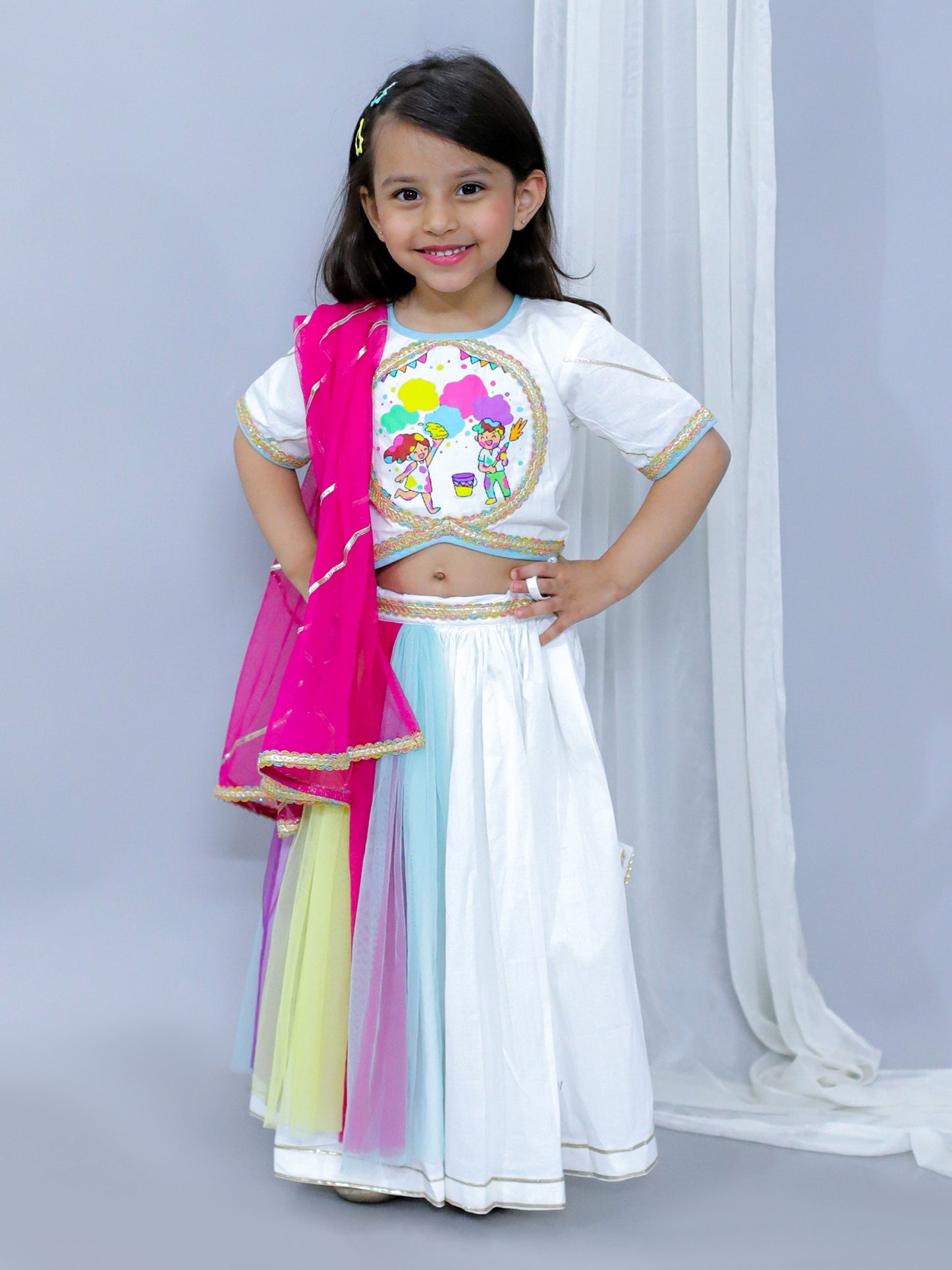 KIDS PLAYING HOLI PRINT WHITE HOLI LEHNGA SET