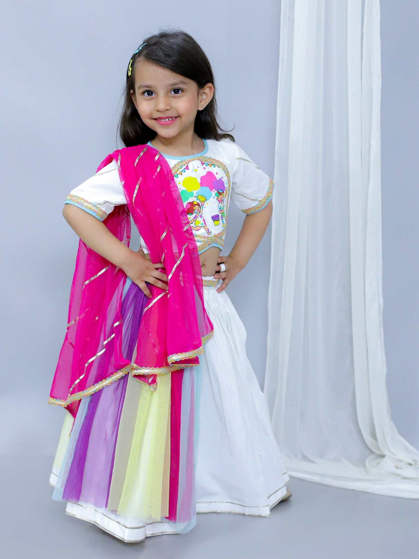 KIDS PLAYING HOLI PRINT WHITE HOLI LEHNGA SET