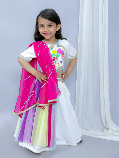 KIDS PLAYING HOLI PRINT WHITE HOLI LEHNGA SET
