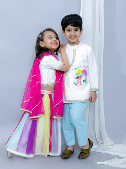 KIDS PLAYING HOLI PRINT WHITE HOLI LEHNGA SET