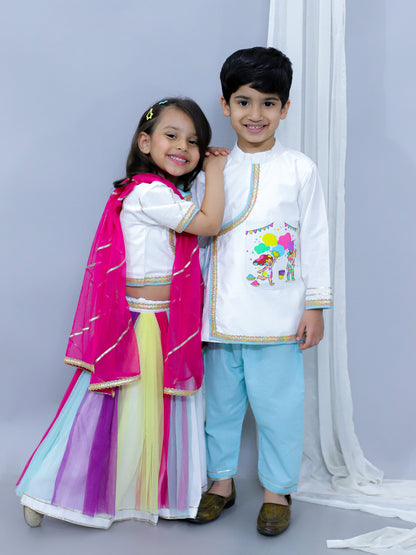 KIDS PLAYING HOLI PRINTED POCKET KURTA PYJAMA SET