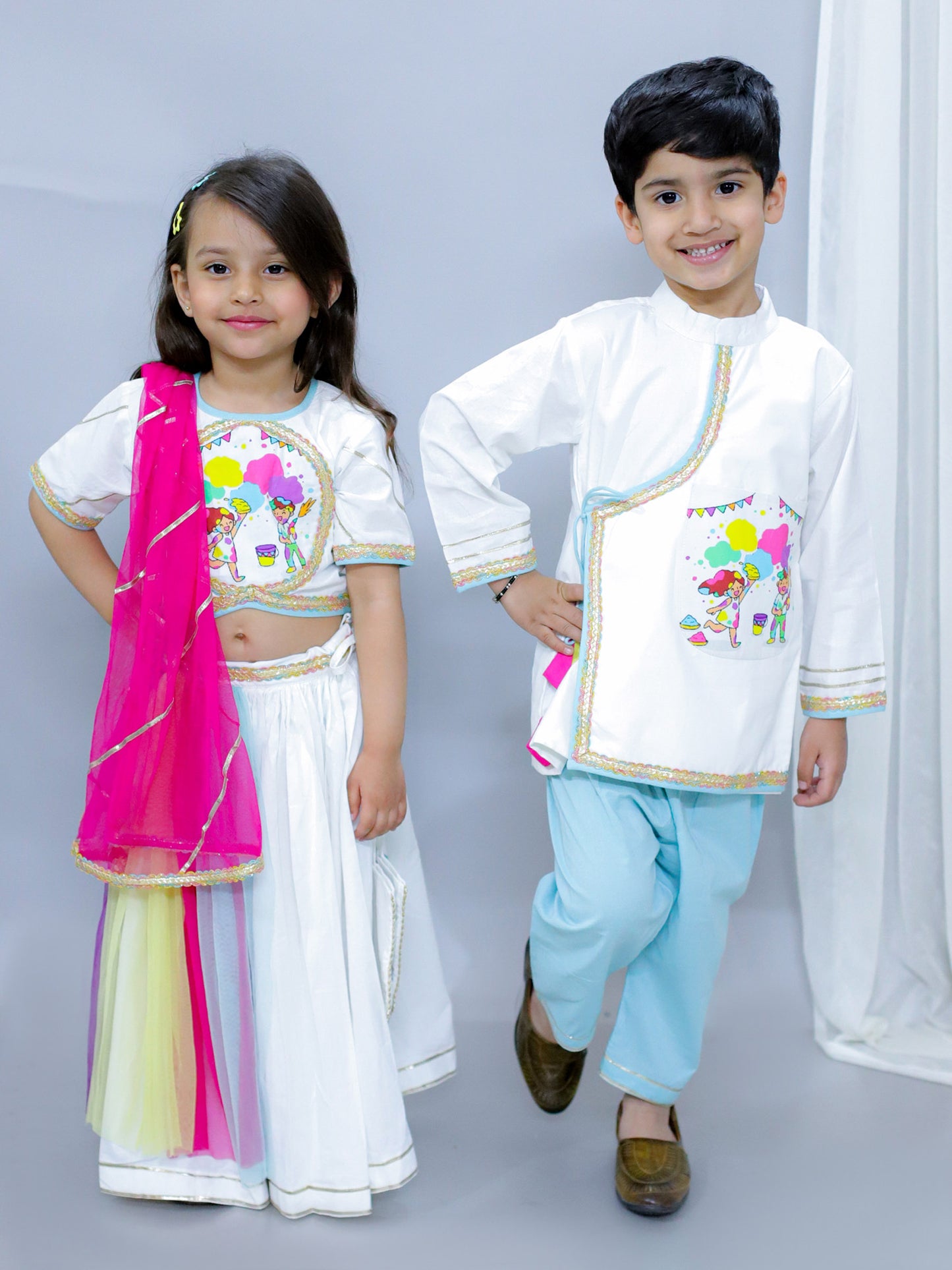 KIDS PLAYING HOLI PRINT WHITE HOLI LEHNGA SET