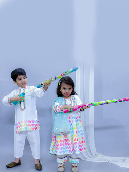 WHITE MULTICOLOR HEART PRINTS KURTA SET