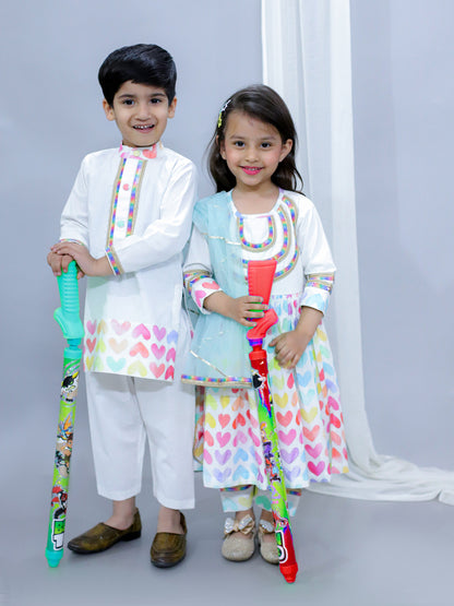 WHITE MULTICOLOR HEART PRINTS KURTA SET